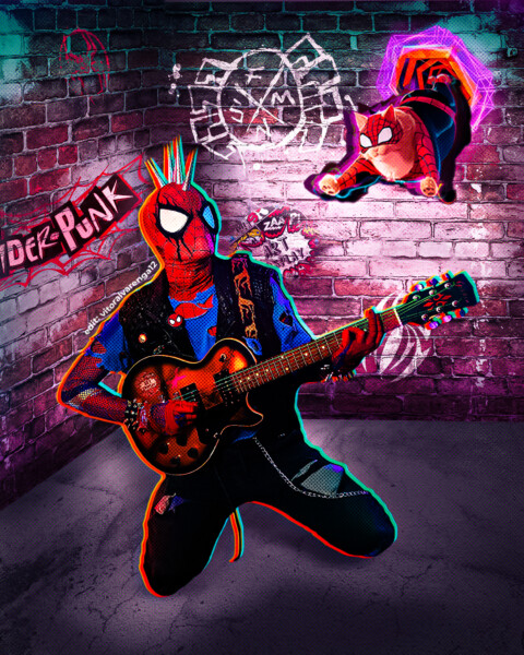 Spider-Punk playing guitar in the Spider-Verse